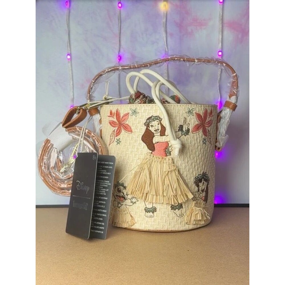 Loungefly Disney Lilo & Stitch Raffia Hula Bucket Crossbody Bag NWT